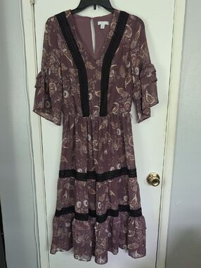 New York & Company Mauve Paisley Tiered Midi Dress with Black Trim